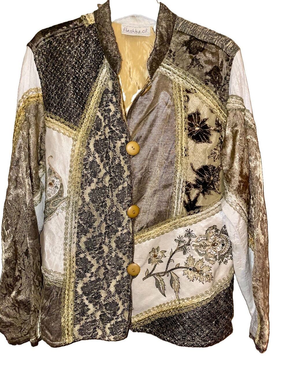 Flashback Couture Brocade Trim Jacket Green-Gold with Floral embellishments Med
